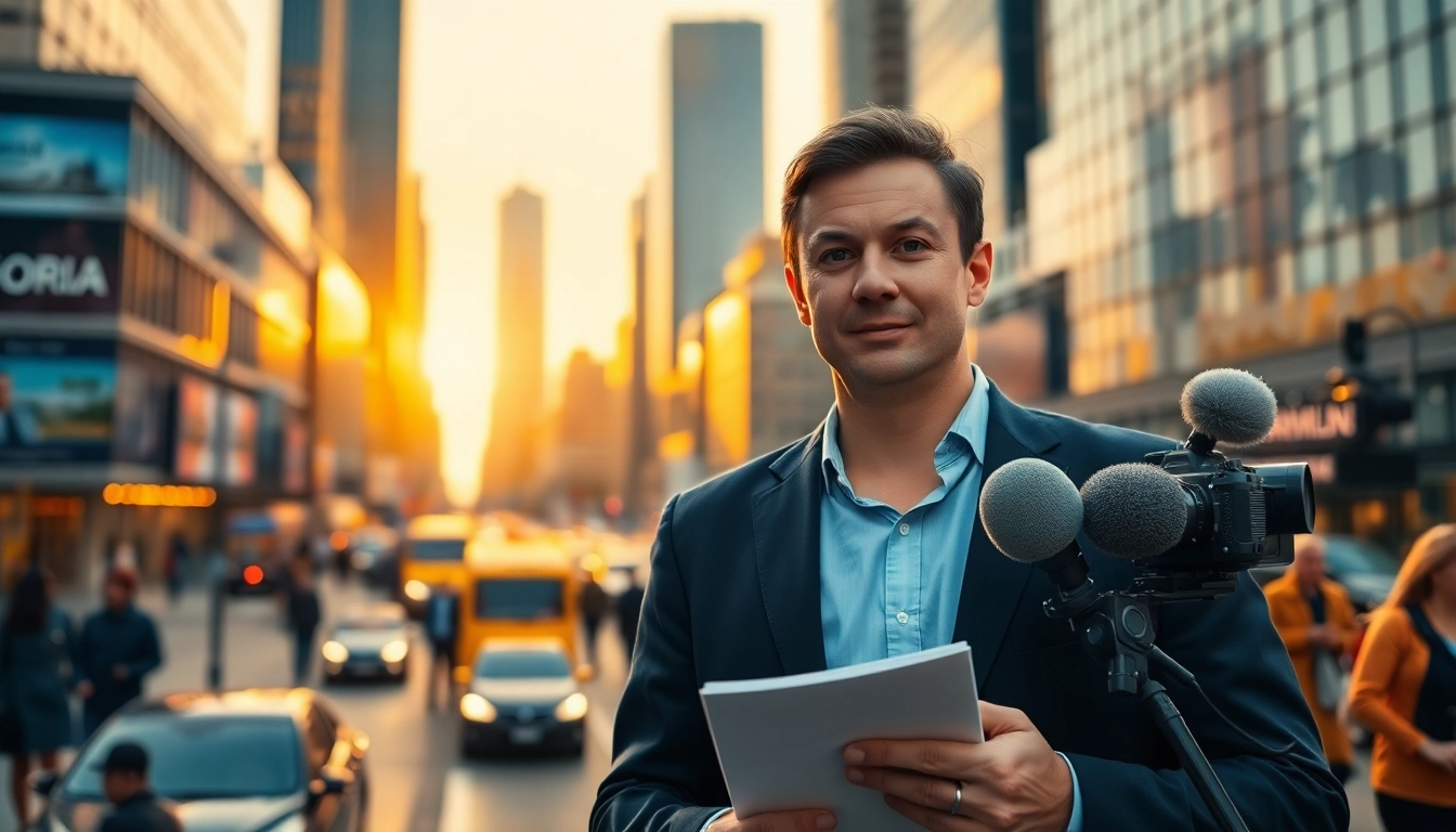Catch the latest news from a vibrant city with an engaging reporter in focus.