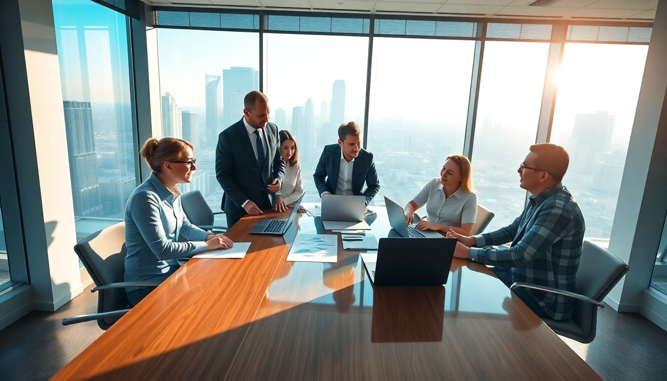 Engaged team of Quickplus Business Consultants collaborating in a modern office.
