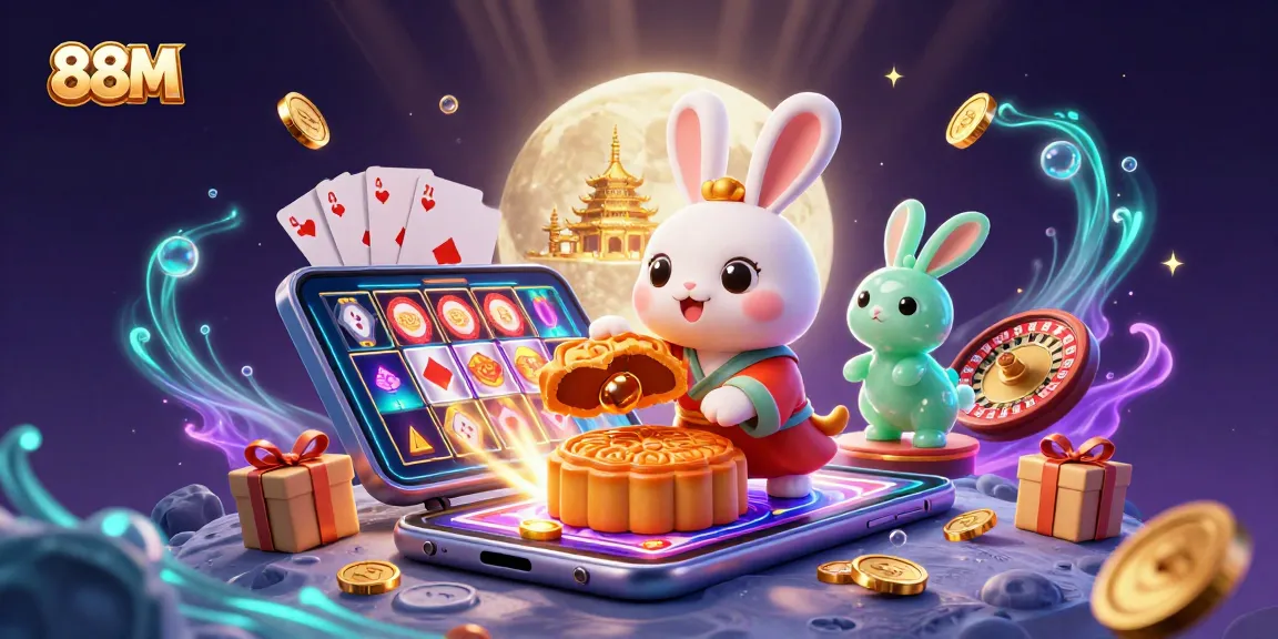 88M showcases a lively scene of moon rabbits, casino elements, and fortune-themed decorations.