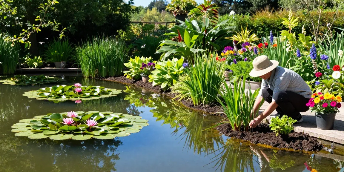 British pond plants thriving in a serene garden pond, with a gardener planting new flora under dappled sunlight.