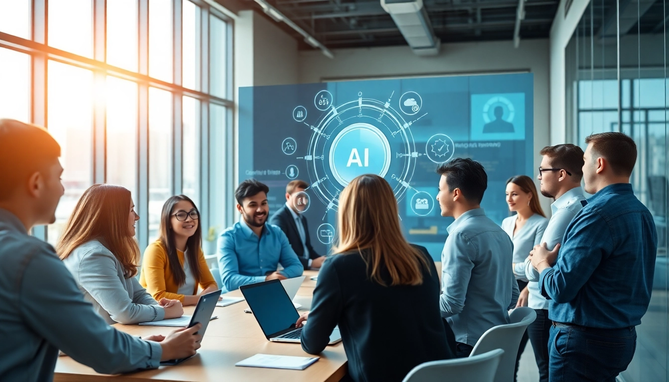 Showcasing an enterprise ai assistant helping team members in a vibrant office setting.