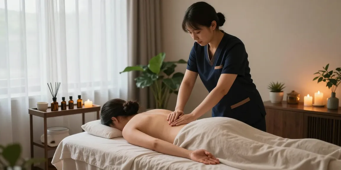 스웨디시 마사지를 받는 고객과 편안한 분위기의 마사지 치료실