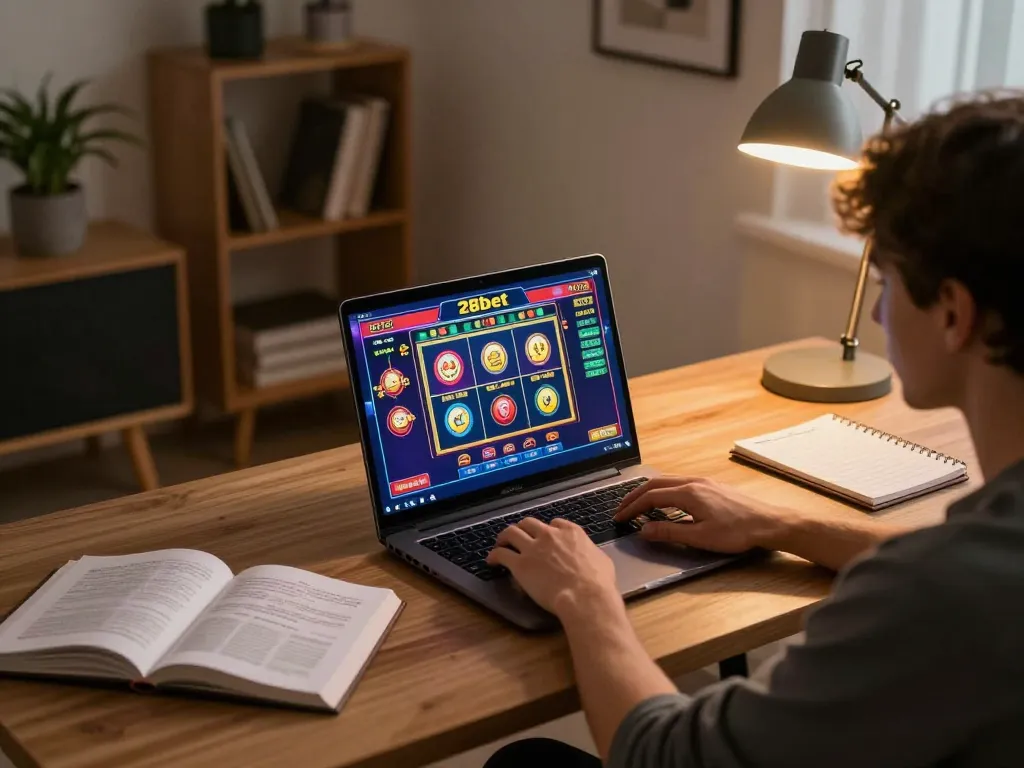 Experience 28bet win in a cozy online gaming setup showcasing vibrant slot game action.