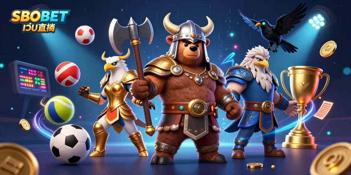 SBOBET เว็บตรง illustration showcasing Viking berserker and Valkyrie amidst dynamic sports betting elements for an immersive experience