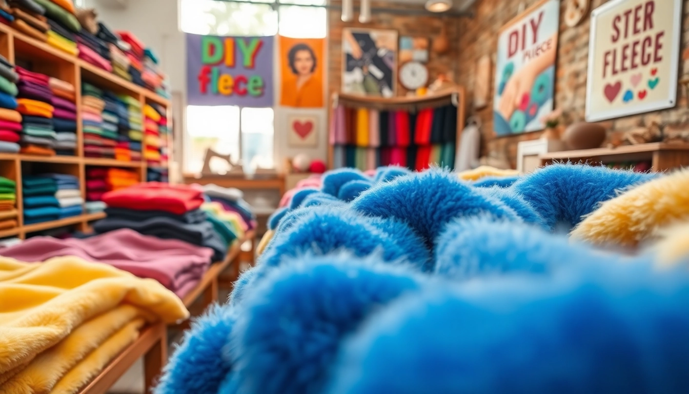 Fleece stof kopen: kleurrijke fleece stoffen en accessoires in een stijlvolle showroom.