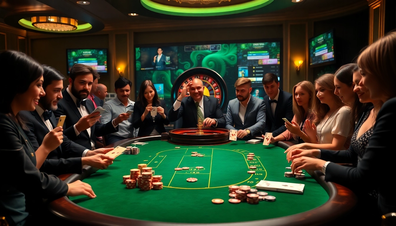 Excited casino players engage around a luxurious poker table, showcasing https://xoixoai.com/ casino elegance.