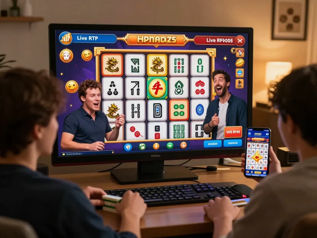 Engaged players celebrating wins in Mahjong Ways online slot game with colorful reels.