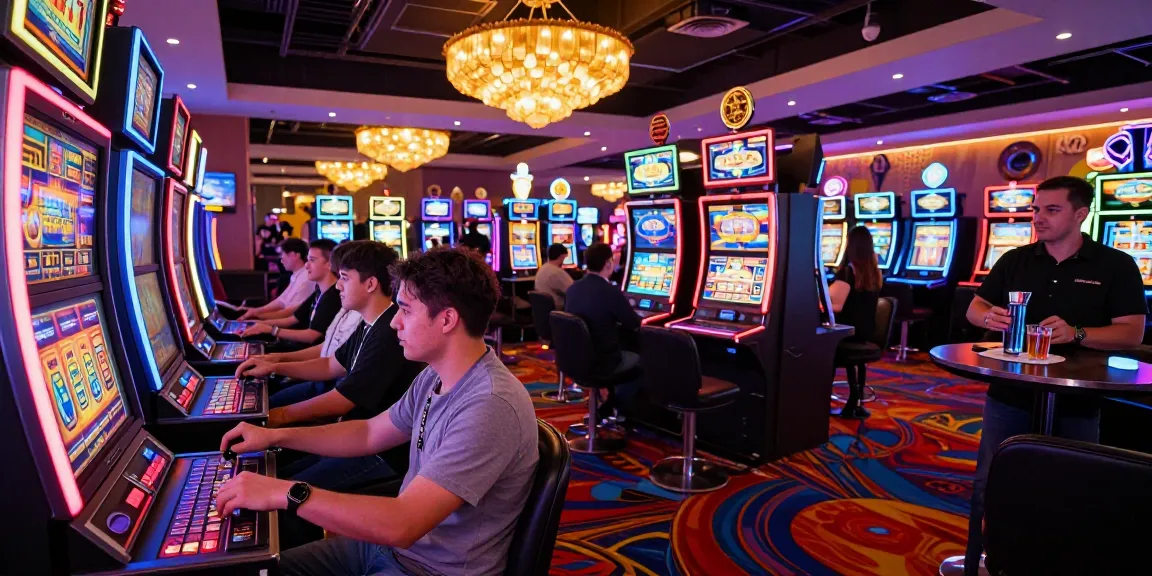 Casino gaming floor with players at slot machines, creating a thrilling atmosphere.