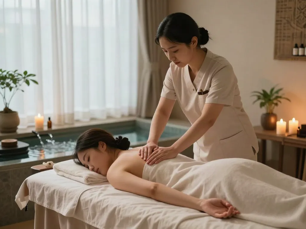 Indulging in 인계동출장마사지, a professional therapist creates a calming atmosphere with candles and essential oils.