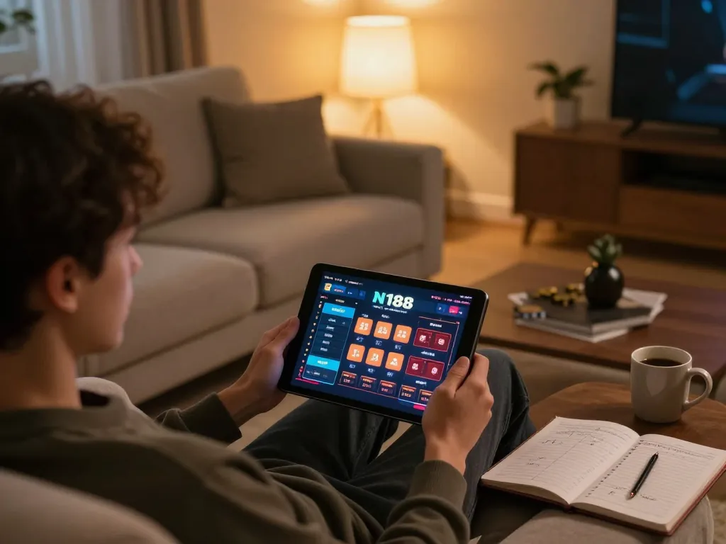 N188 players enjoying online gaming with tablet interface in a cozy living room setting.