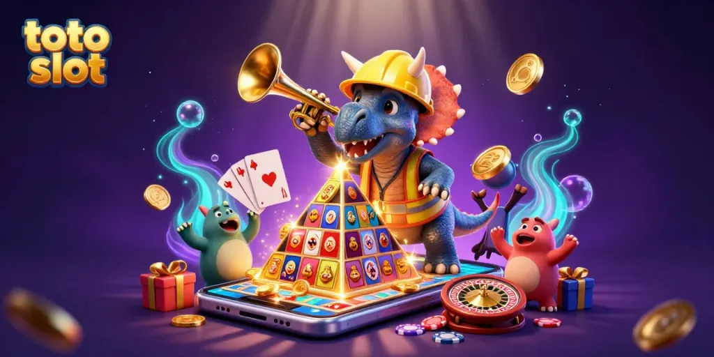 Gambarkan aksi menang dengan toto slot di kasino, triceratops dan teman merayakan keberuntungan.