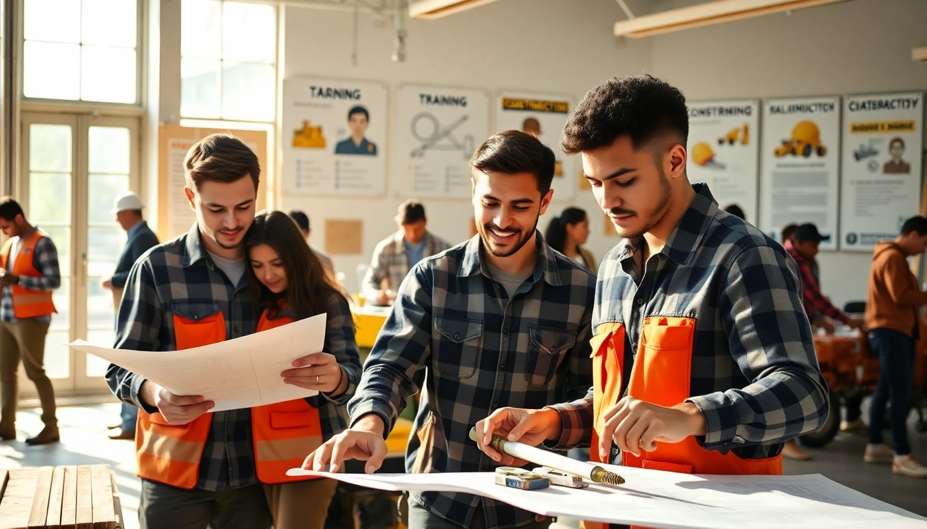 Engaging scene of construction training highlighting diverse trainees learning essential skills.
