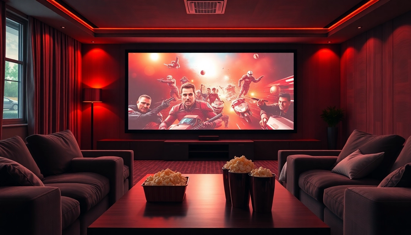 Enjoy ดูหนังออนไลน์ in a modern home theater with vibrant scenes and cozy seating.