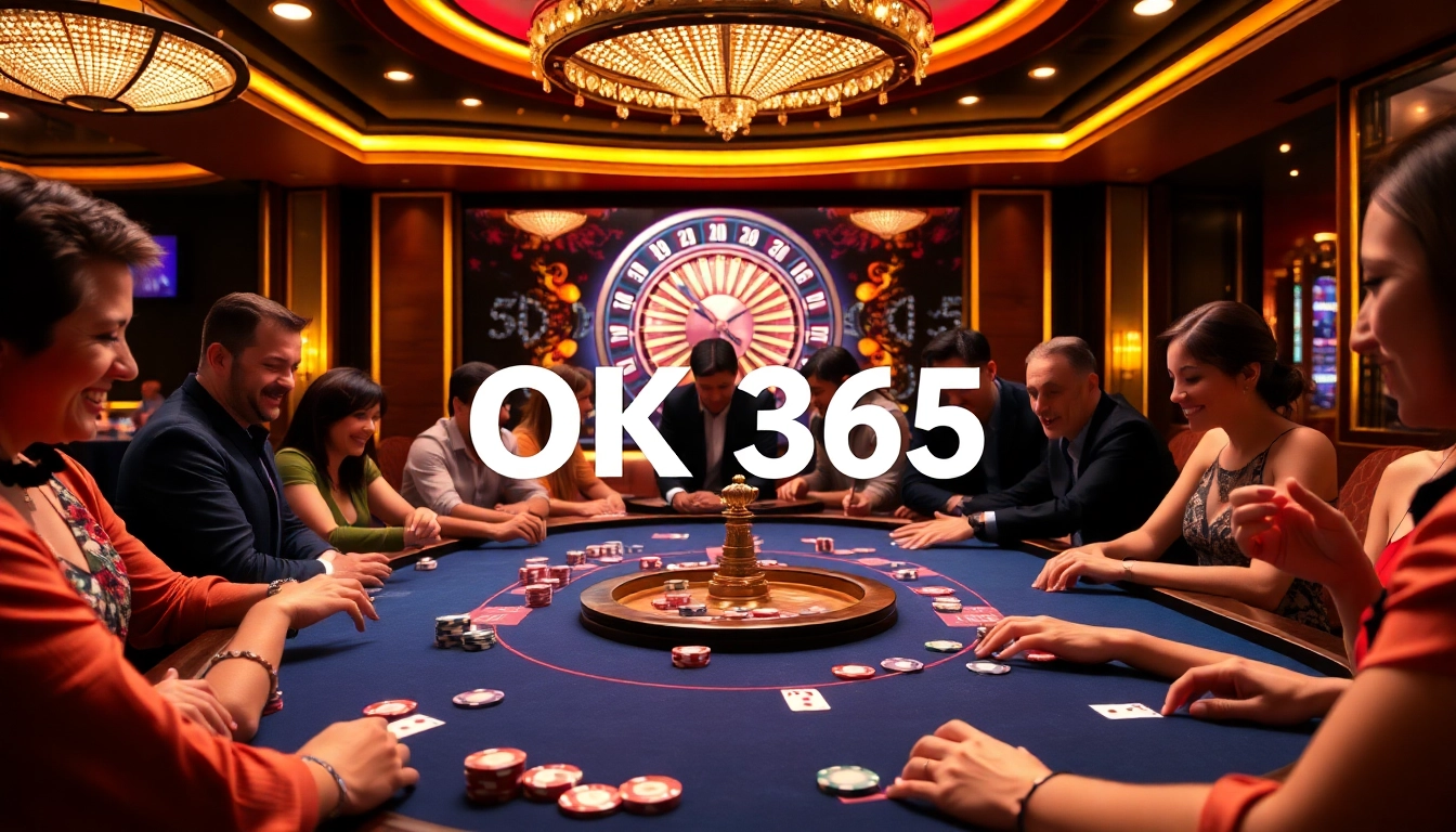 Players enjoying an exciting poker game at OK365 casino, showcasing vibrant chips and game atmosphere.