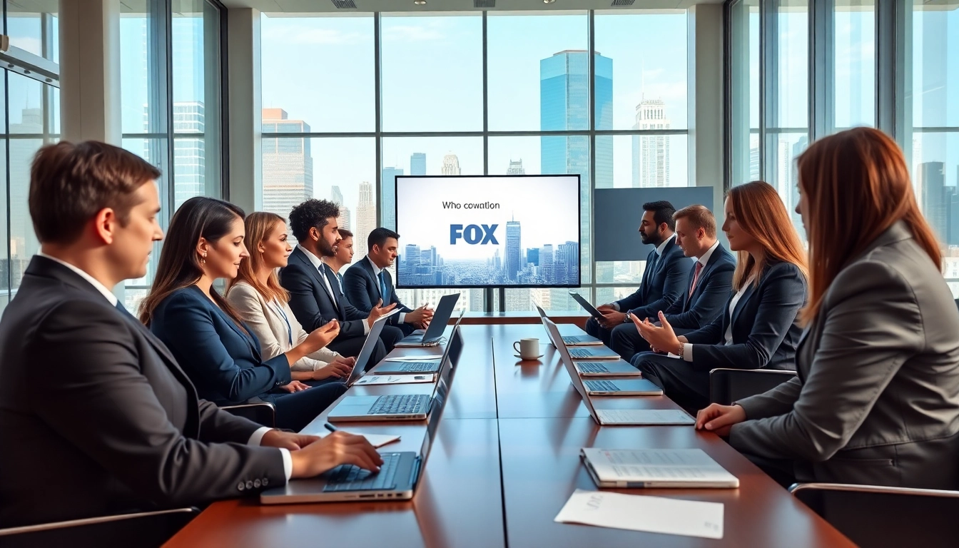 Executives discussing who owns fox corporation in a modern conference room
