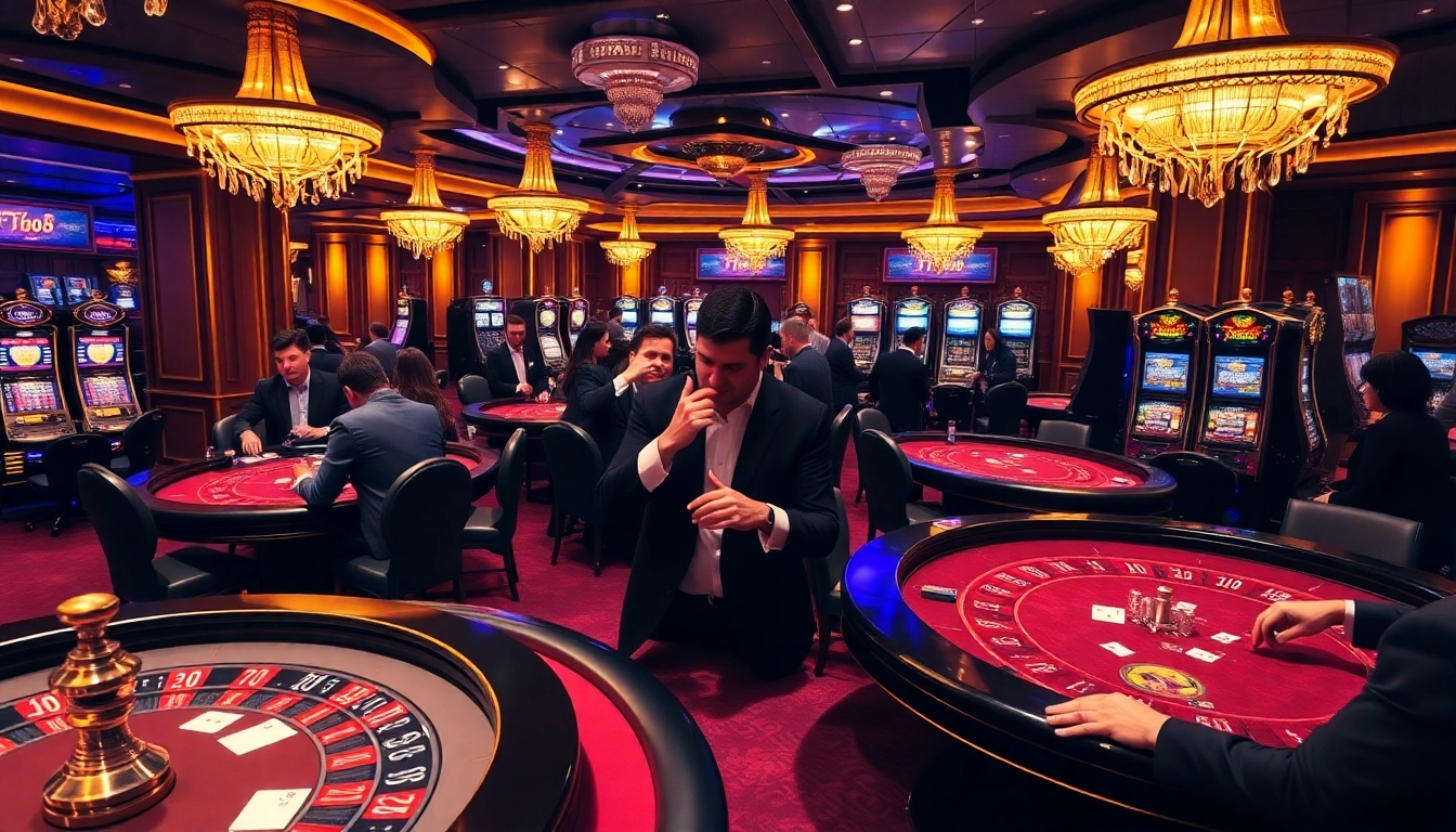 Experience high-stakes action at F168 casino with players enjoying poker tables and vibrant slot machines.