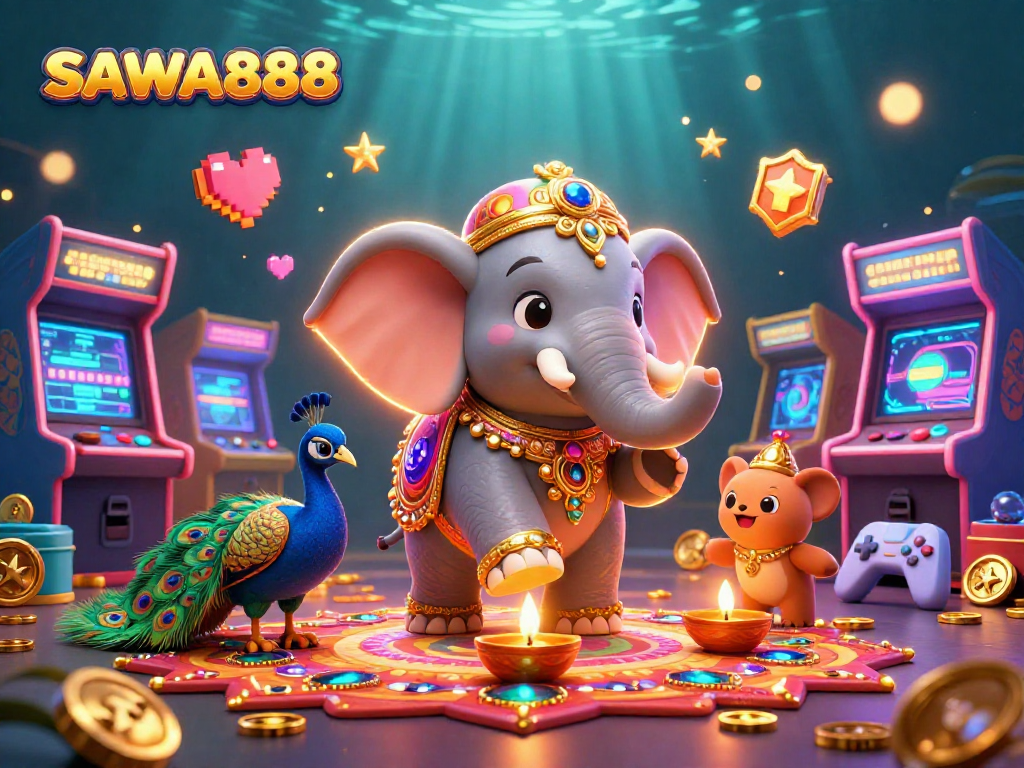 Experience the thrill at SAWA888 with vibrant games, celebratory themes, and casino elements!