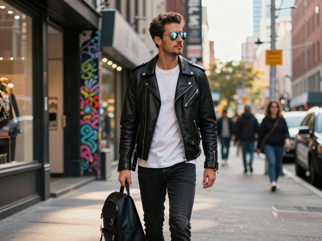 Stylish man in a men's leather jacket walking confidently in an urban environment.