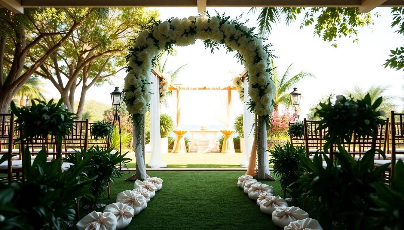 Stunning setup at a Jacksonville Wedding Venue with elegant floral arch and lush garden.