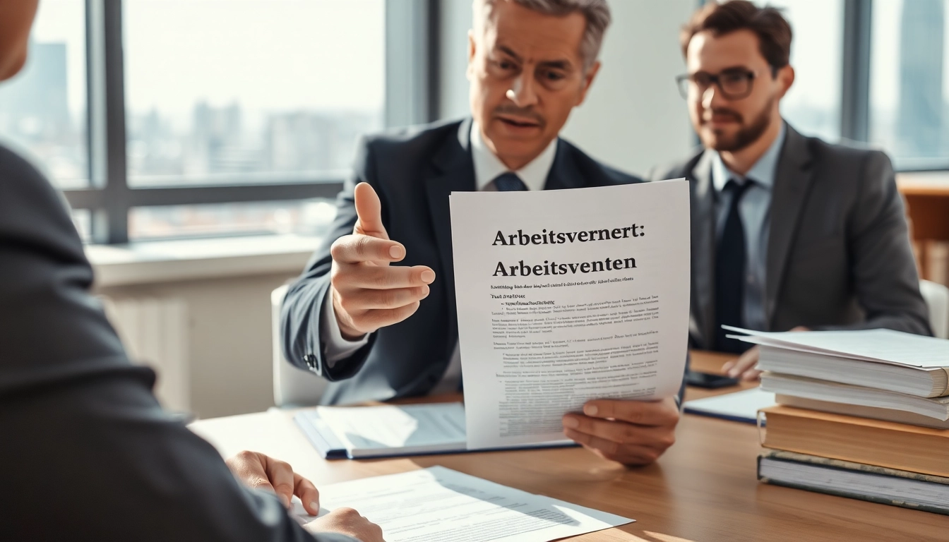 Arbeitsvertrag kündigen Diskussion zwischen Anwalt und Mandant in einer professionellen Umgebung.