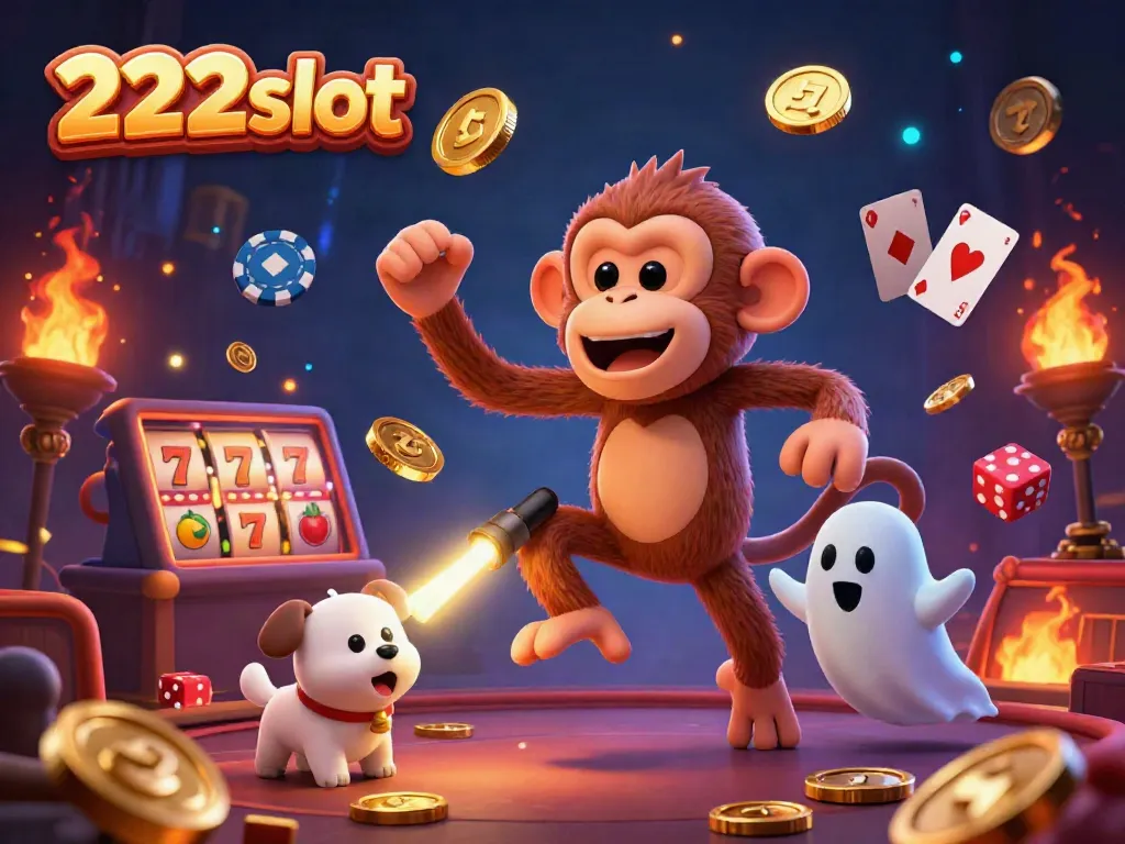 Visualisasi 3D ceria di kasino hantu dengan 222slot, seekor monyet poltergeist dan anjing pemburu hantu.