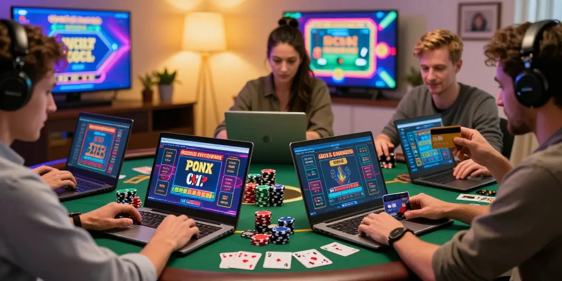 Players enjoying credit card casinos with cards and chips in a vibrant online gambling setting.