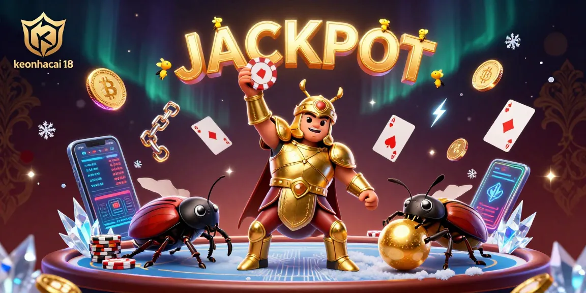 Engage with keonhacai 18 as cartoon beetles celebrate a casino win under dazzling lights.