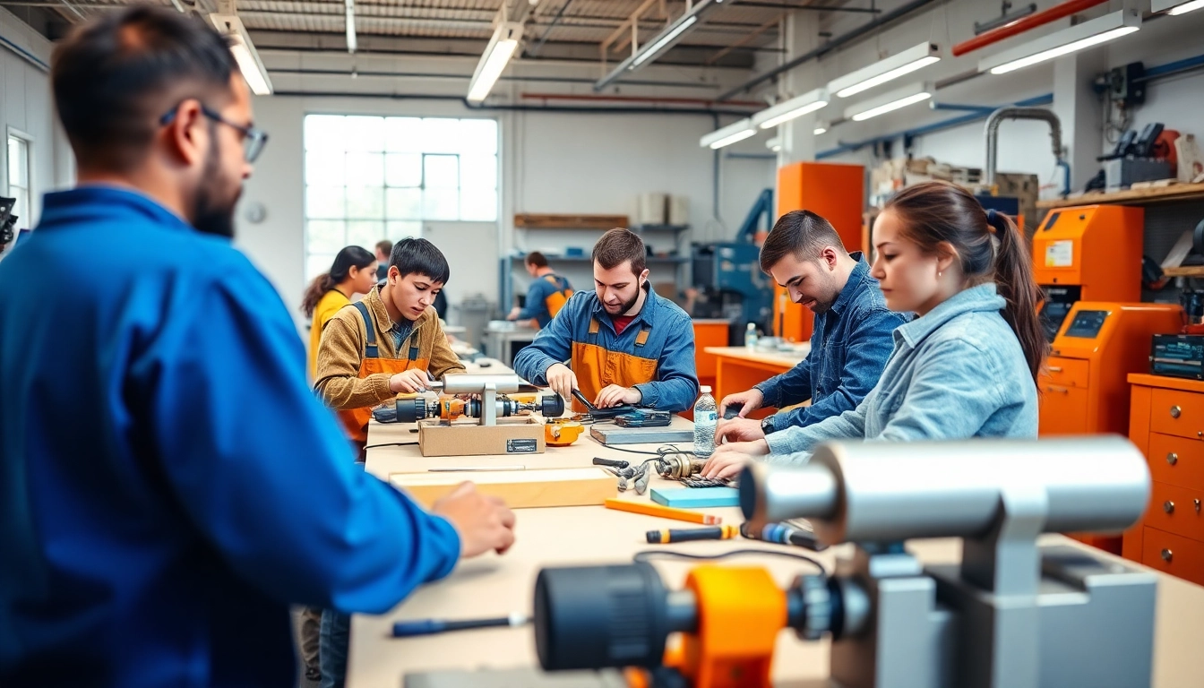 Engaged learners in skilled trades training focused on practical skills and teamwork.