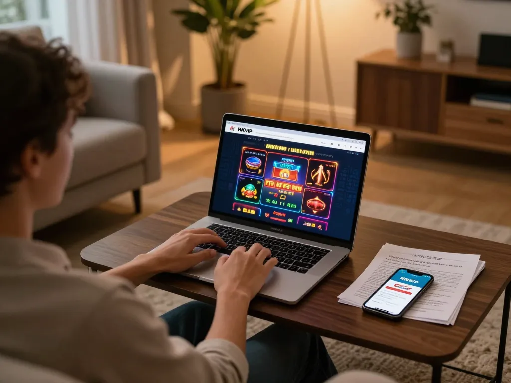 Player engaging with RIKVIP casino platform through a laptop, highlighting responsible online gaming practice and strategy planning.