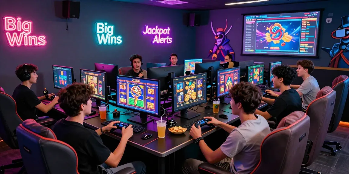 Friends enjoying a gaming night with slot gacor games and LED lights.