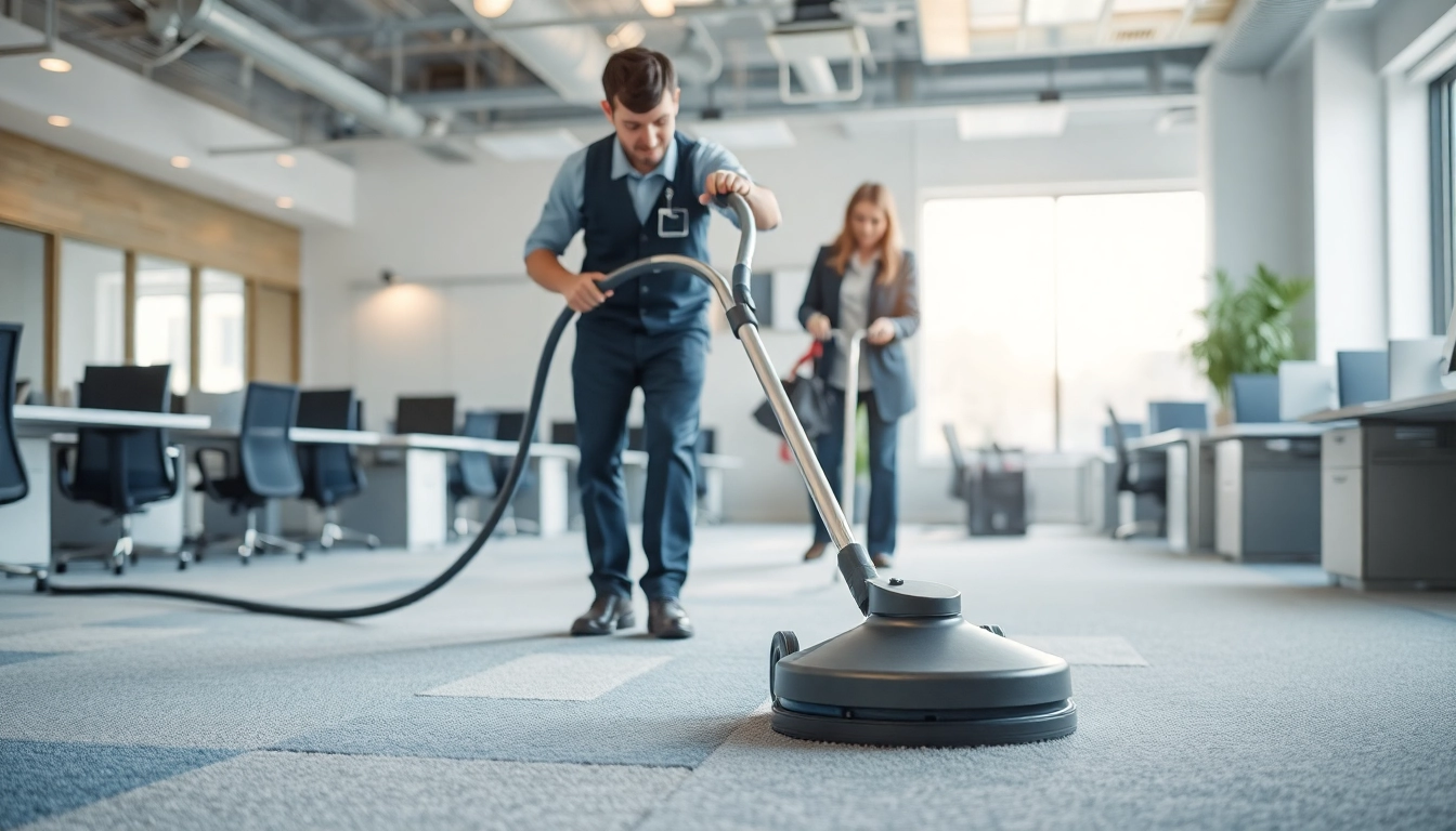 Engaging commercial carpet cleaning scene in a professional office setting with technicians at work.
