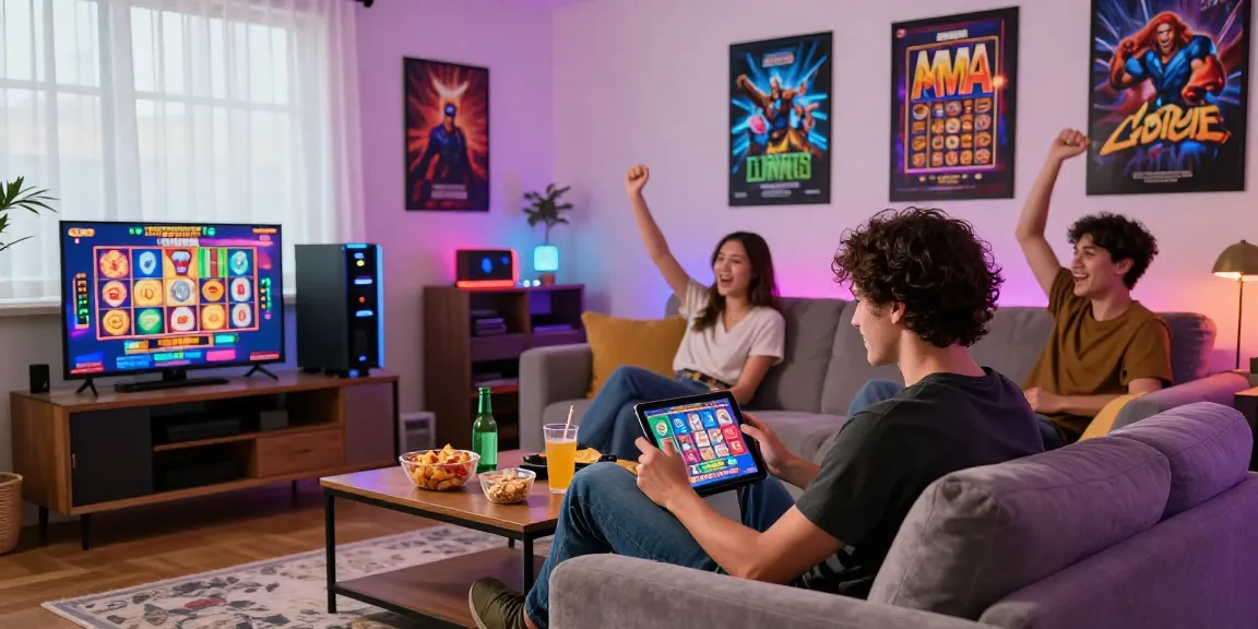 Exciting online slot gameplay moment, depicting player enjoyment and vibrant living room setting.