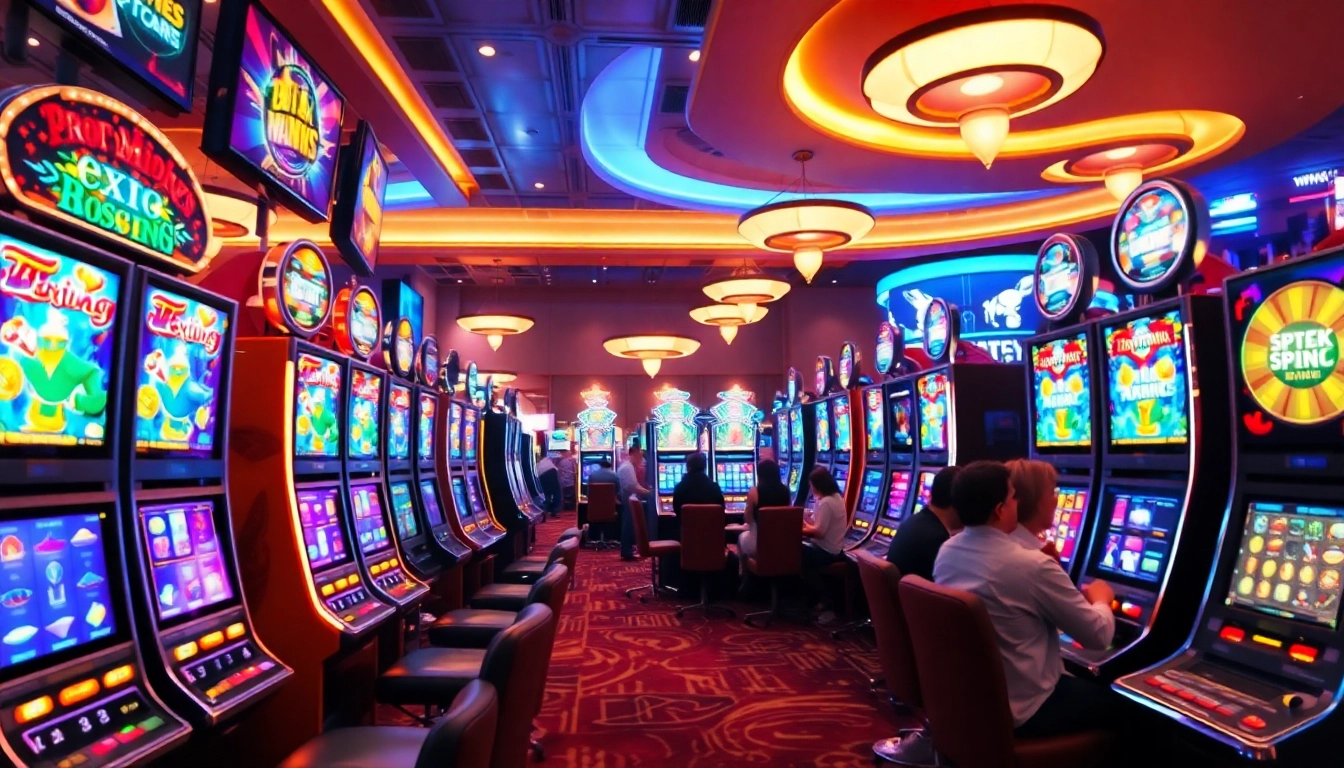 Menang di permainan slot online dengan mesin berwarna-warni di kasino.