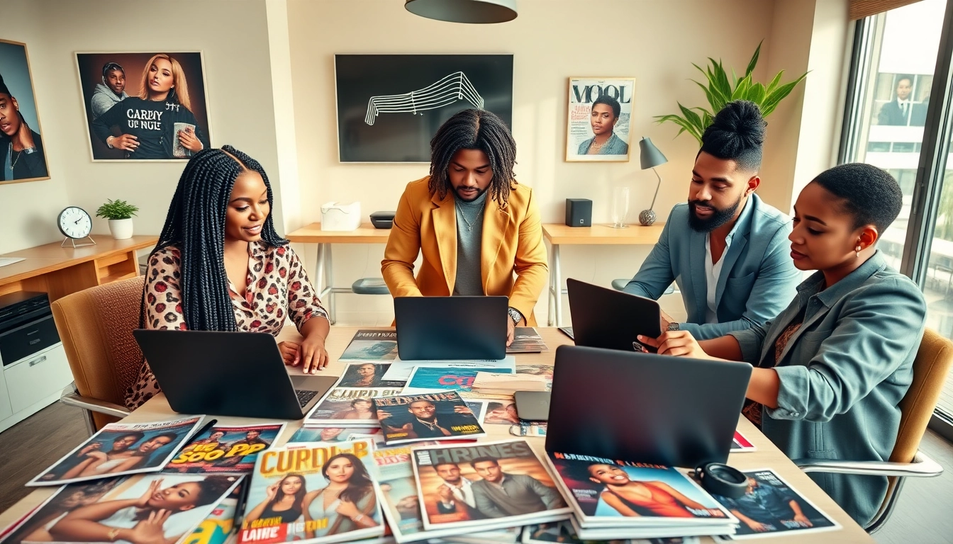 Hip hop publicist team collaborating in a vibrant office, showcasing client success with major artists.
