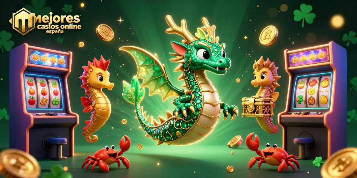 Mejores casinos online España en una colorida escena 3D con dragón y tragamonedas.