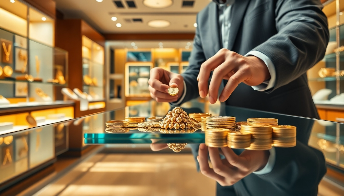 Goldankauf Hannover: Professional jeweler assessing gold jewelry in an elegant store.