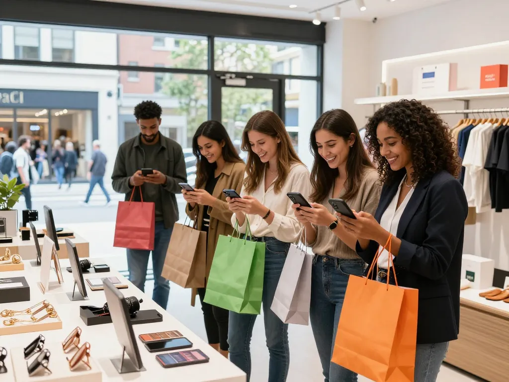 Engaging e-commerce scene at https://hubet88.icu/ showcasing friends shopping with smartphones in an inviting retail space.