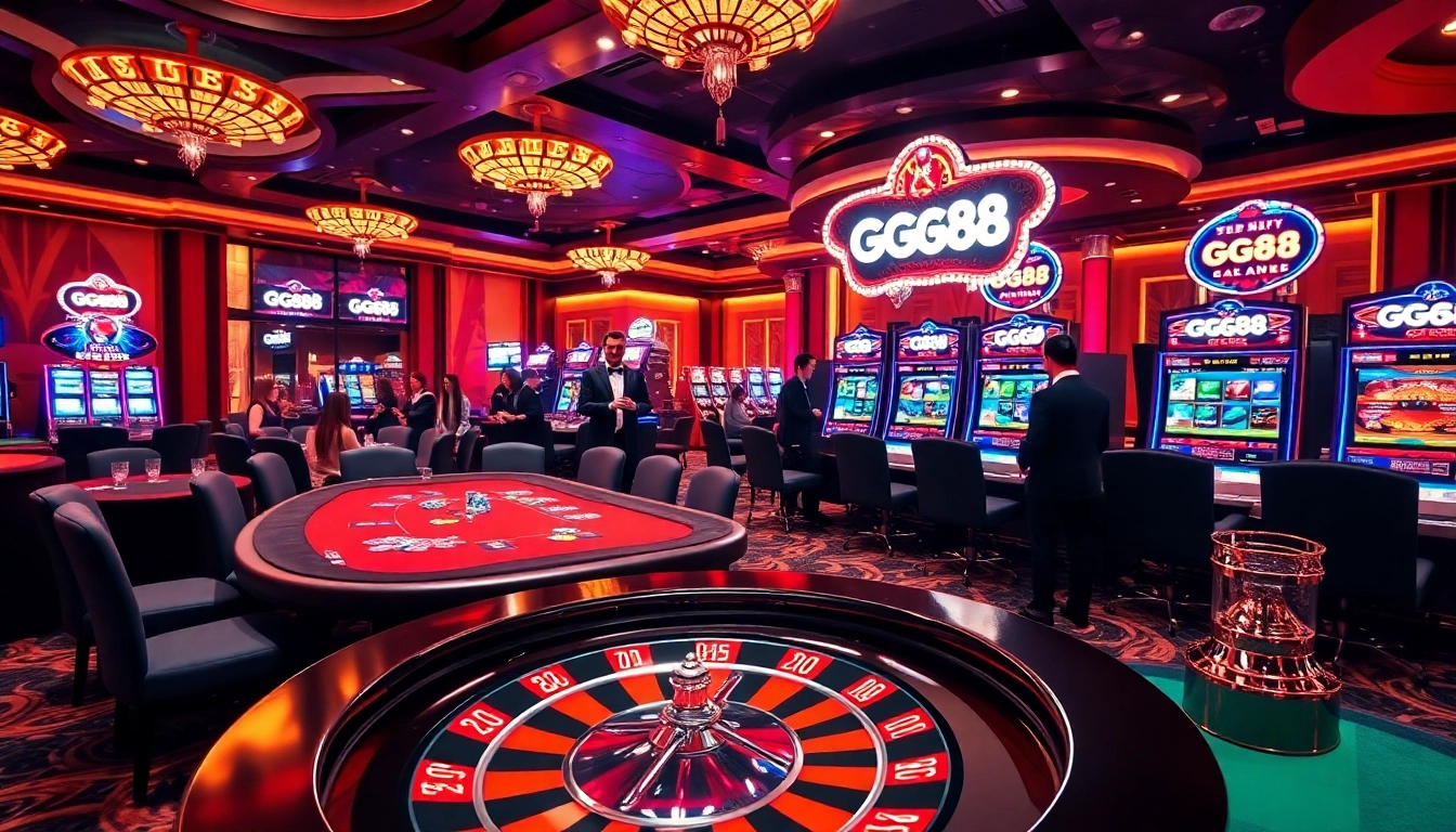 GG88 casino scene featuring vibrant tables, slot machines, and engaged players in action.