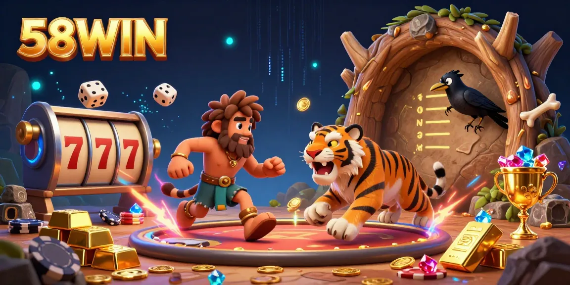Engage with 58WIN's 3D cartoon casino, where luck meets prehistoric fun through vibrant gambling elements.