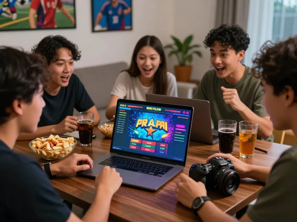 A group of friends enjoying a thrilling Agen Togel experience while placing bets online in a cozy setting.