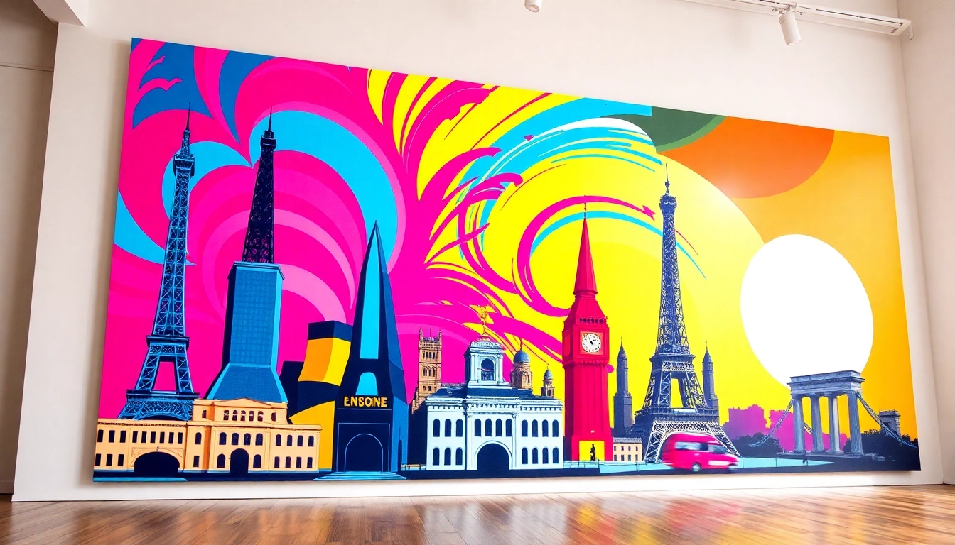 Artistic representation of pop art canvas featuring geometric shapes and famous landmarks.