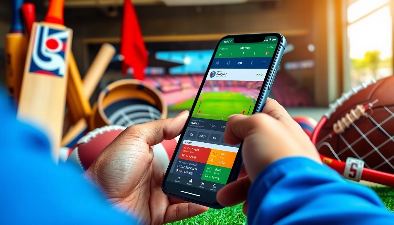 User interacting with the best sports betting apps in India on a smartphone amid sporting gear.