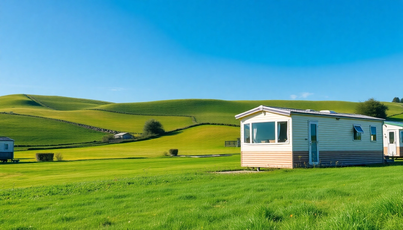 View of Static Caravans nestled in a beautiful countryside landscape.