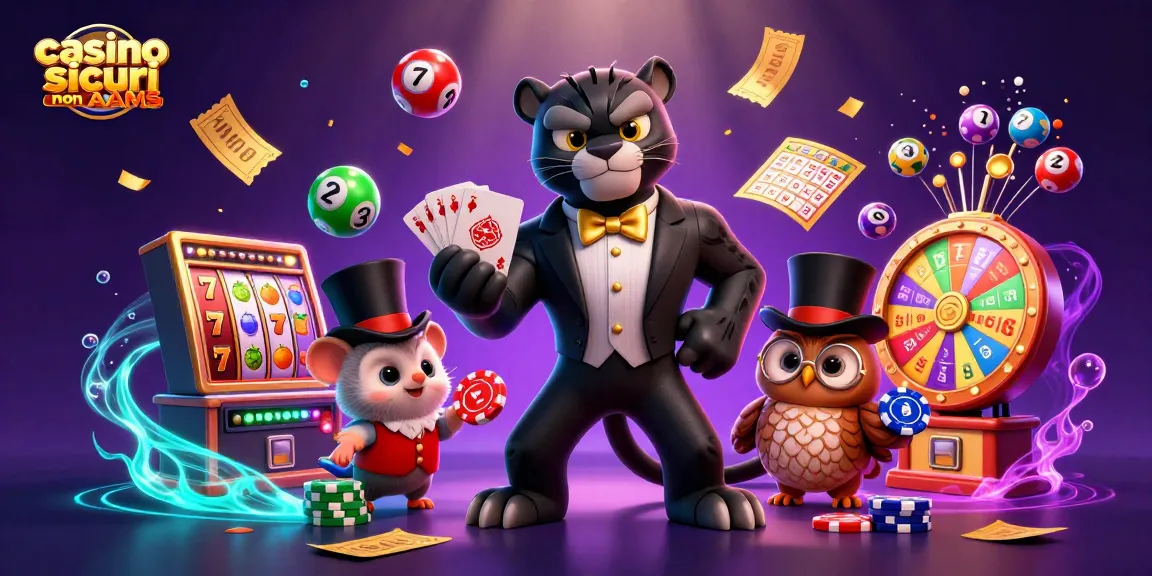 Giocare nei casino sicuri non AAMS con una pantera elegante, un gufo e un topo fortunato in un'atmosfera vivace.