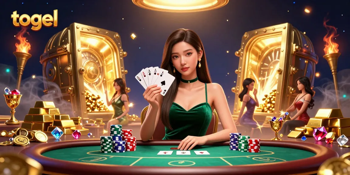 Experience thrilling togel gameplay with a beautiful Asian woman at an electrifying poker table.