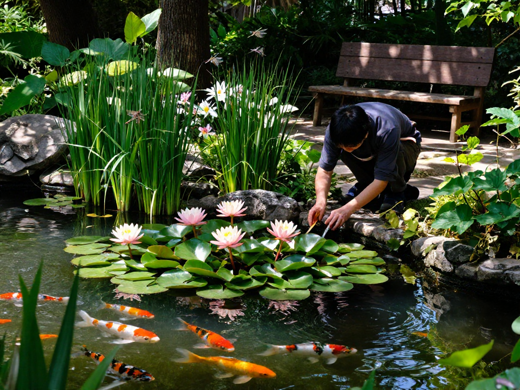 Water Lilies in a serene pond with a gardener tending to vibrant plants under sunlight.