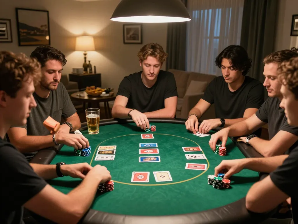 Group of friends enjoying poker night at home, featuring tg88.com gaming elements for a fun evening.