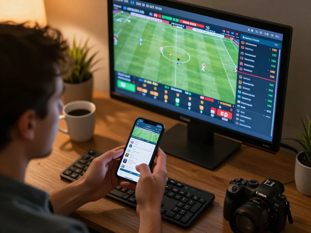 Soi Kèo progress of online sports betting session, user analyzing live odds on multiple screens with strategic focus.