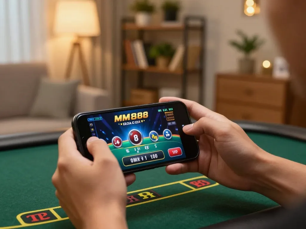 Player engaged at Nhà cái MM88 using a smartphone for casino gaming, highlighting modern online gambling.