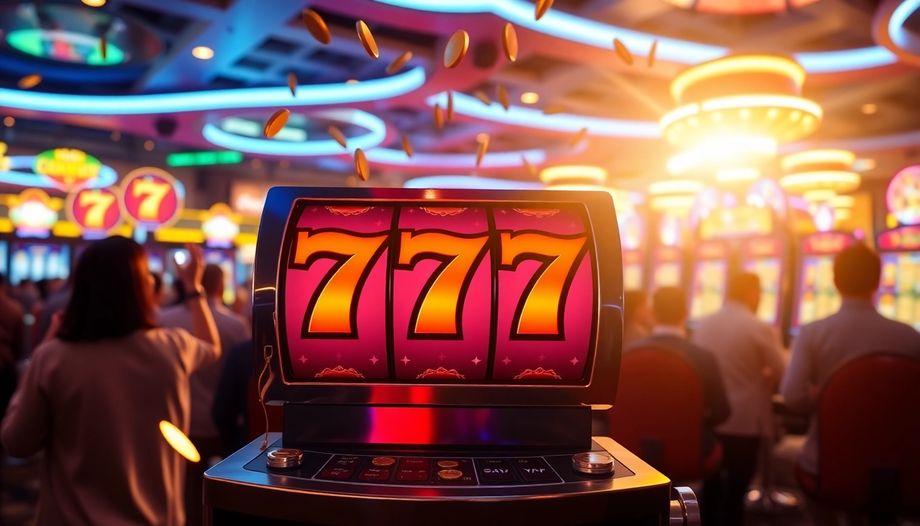 memainkan slot 777 dengan simbol cerah dan suasana kasino yang meriah.